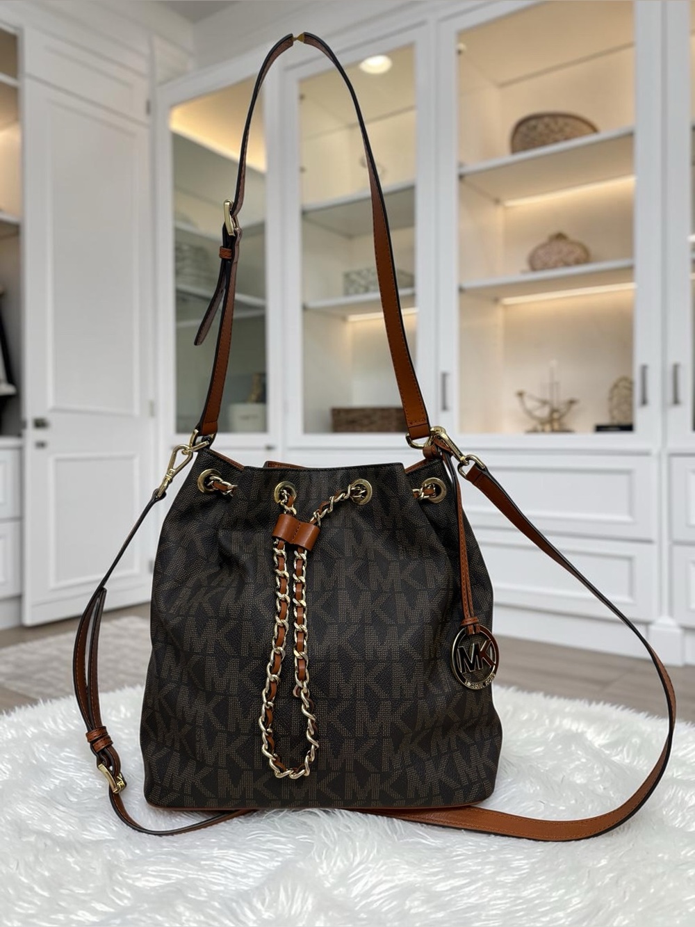 Michael Kors Brown Monogram Chain-Trim Bucket Shoulder Bag